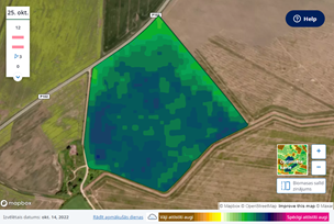 Yara Atfarm satelītattēls biomasas at&scaron;ķirību noteik&scaron;anai, 14.10.2022.